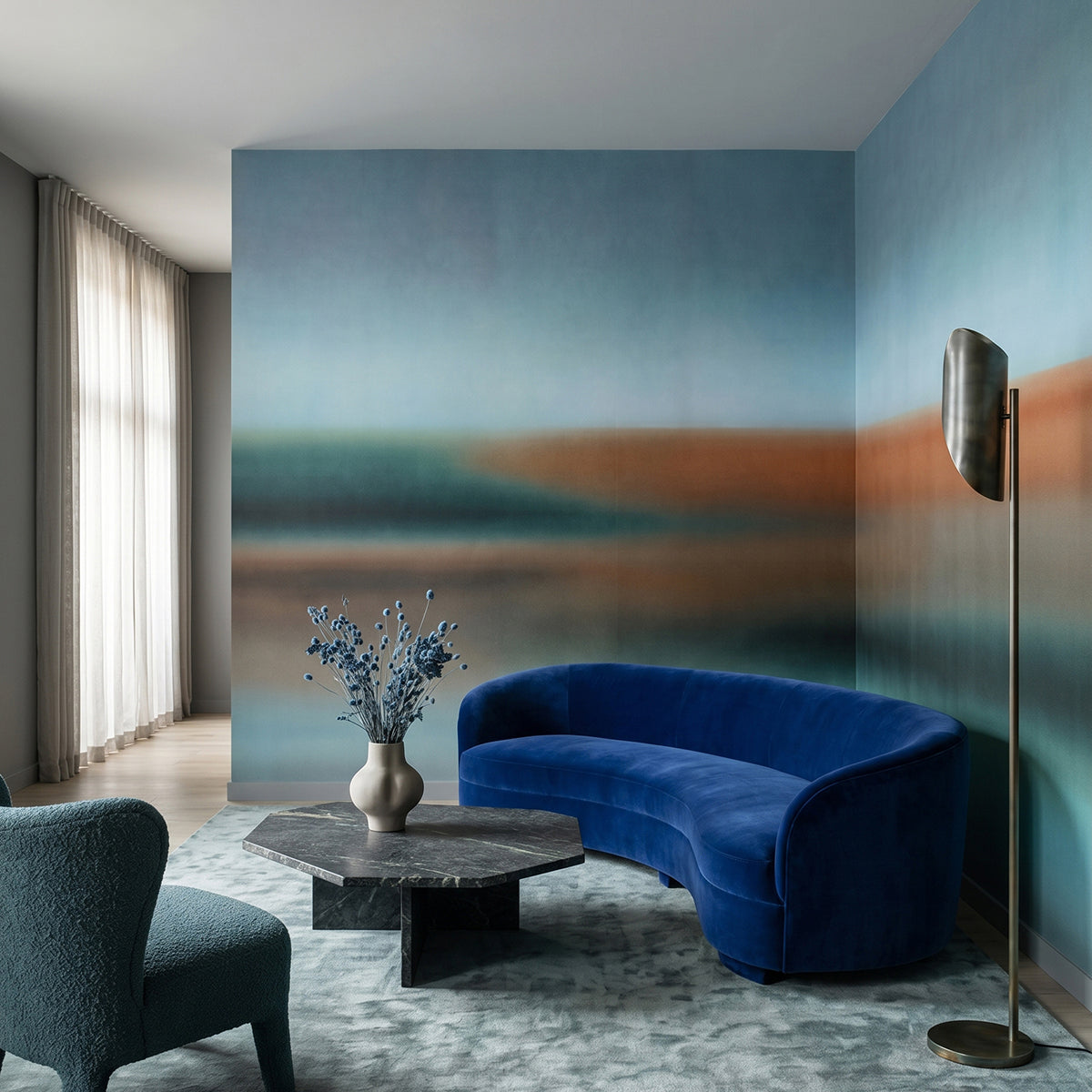 Rotko Clay wallpaper mural shown in living room with cream sectional