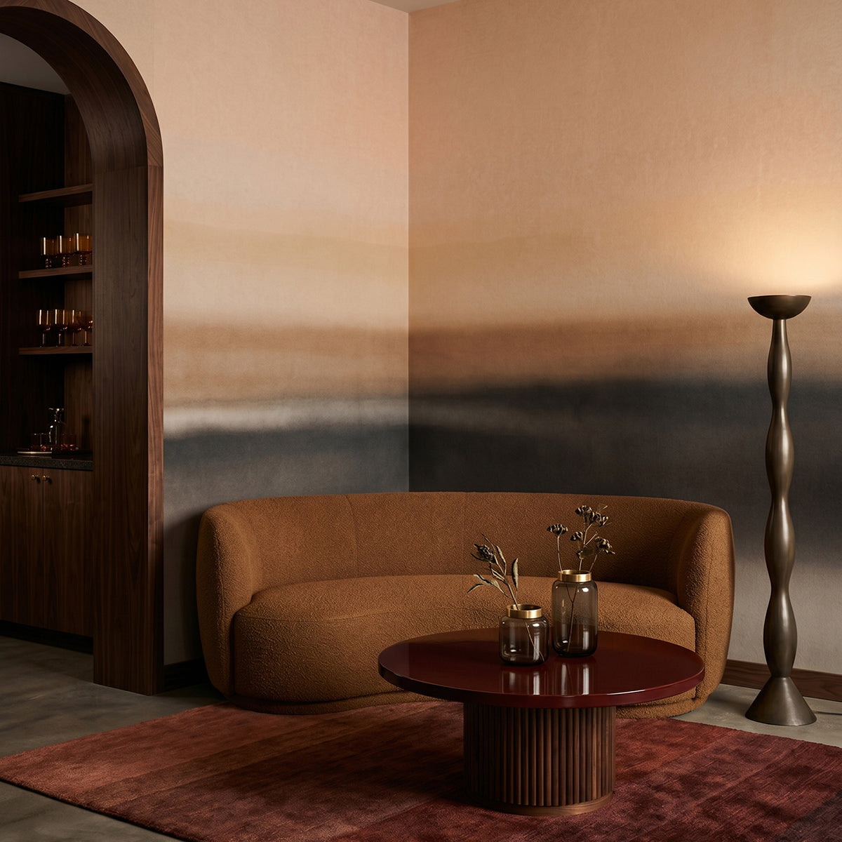 Rotko Dawn wallpaper mural shown in living room with brown sofa and round table