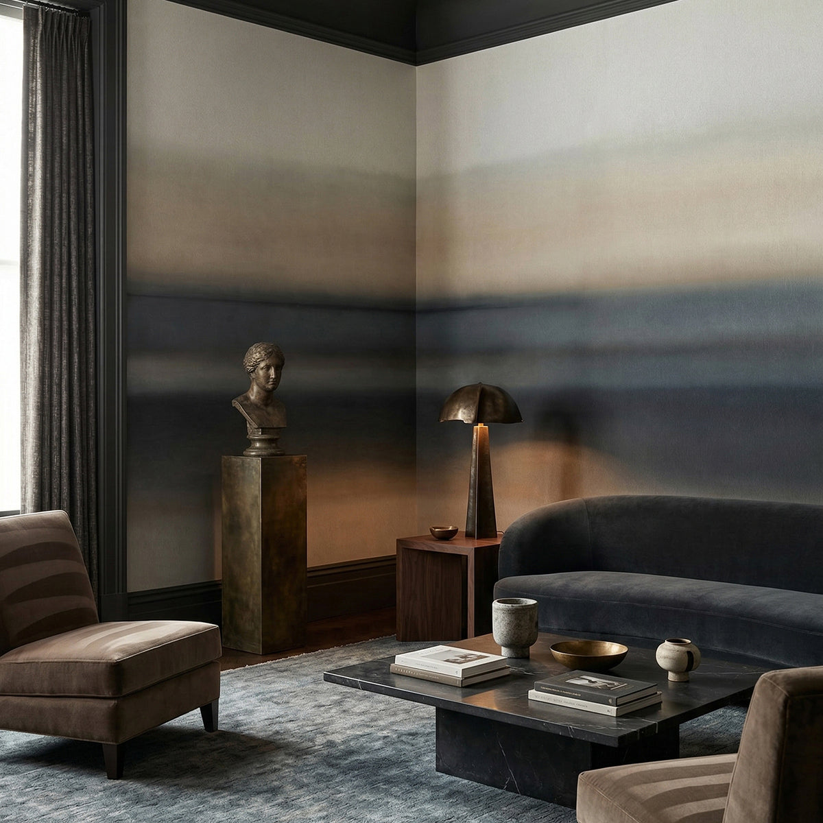 Rotko Sand wallpaper mural shown in living room with dark sofa and brown chairs