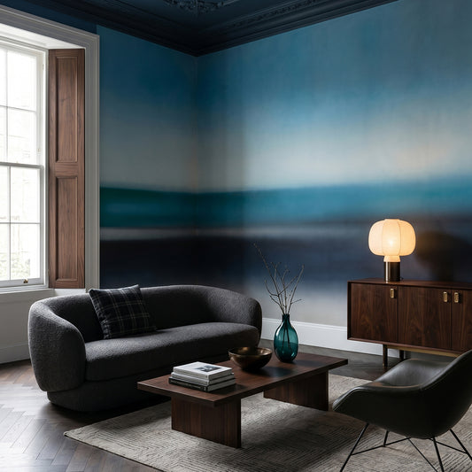 Rotko Veil wallpaper mural shown in living room with black sofa and black chair