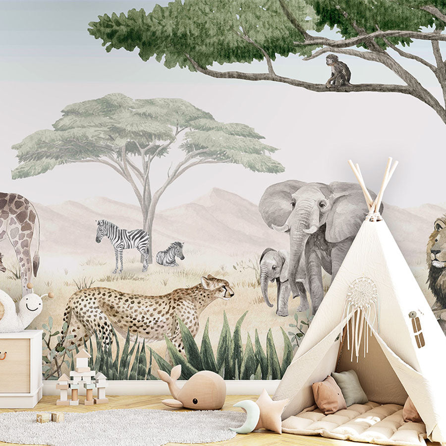 Savannah Jive wallpaper mural in a children’s playroom tipi