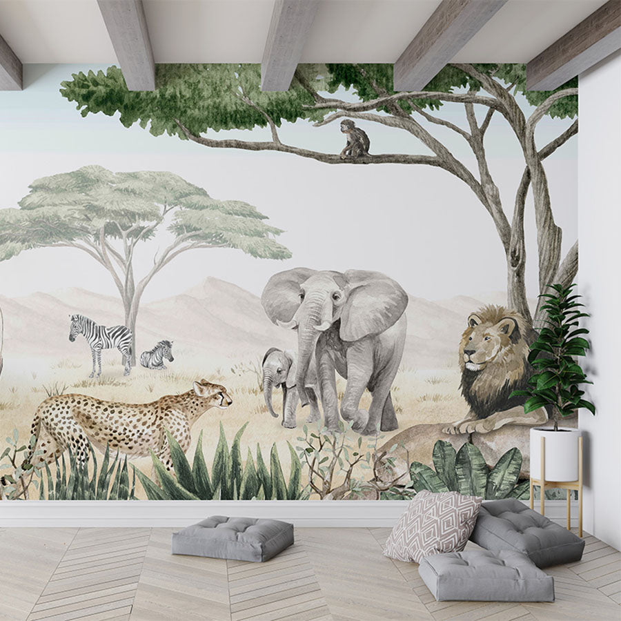 Savannah Jive wallpaper mural in a living room floor cushions