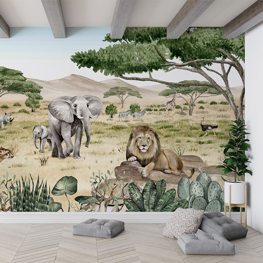 Savannah Secrets wallpaper mural in a living room floor cushions