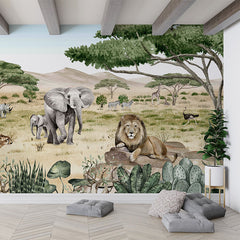Savannah Secrets wallpaper mural in a living room floor cushions