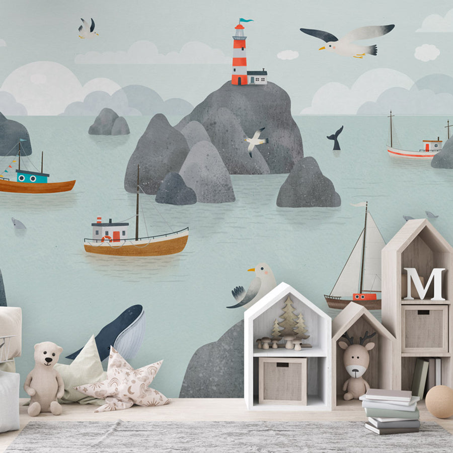 Seaside Stories wallpaper mural shown in a children's bedroom house shelves