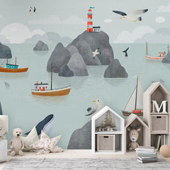 Seaside Stories wallpaper mural shown in a children's bedroom house shelves