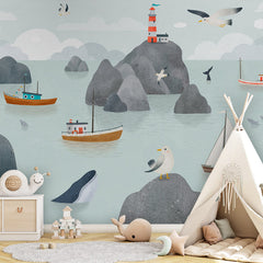 Seaside Stories wallpaper mural shown in a children's bedroom teepee