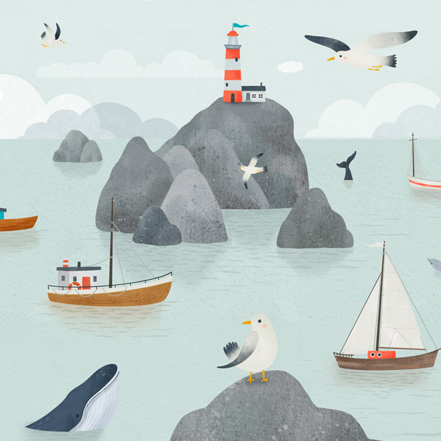 Close-up of the Seaside Stories wallpaper mural by Oliver Robins