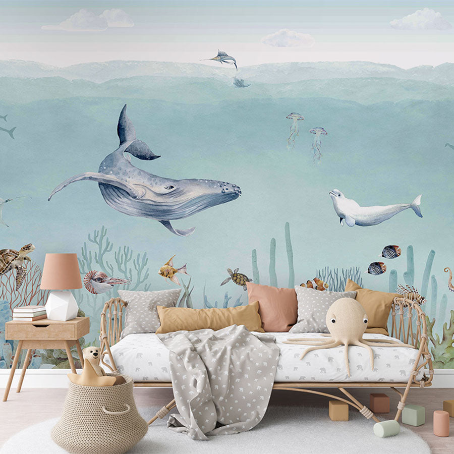Secret Sealife wallpaper mural in a children’s bedroom rattan daybed