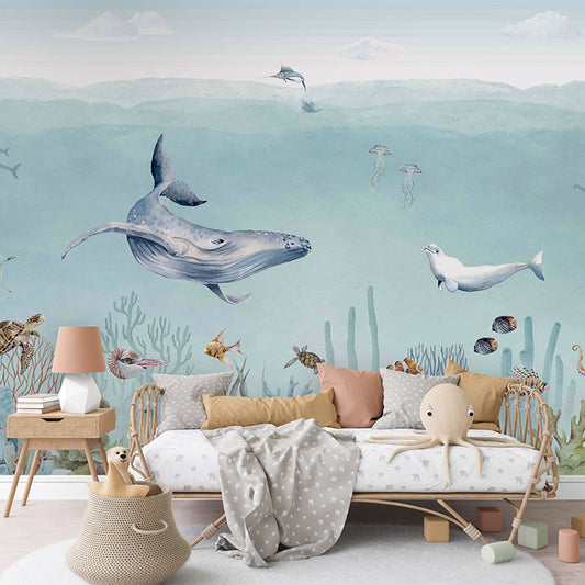 Secret Sealife wallpaper mural in a children’s bedroom rattan daybed
