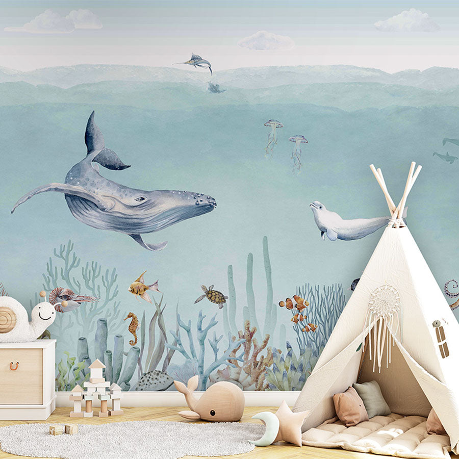Secret Sealife wallpaper mural in a children’s playroom tipi