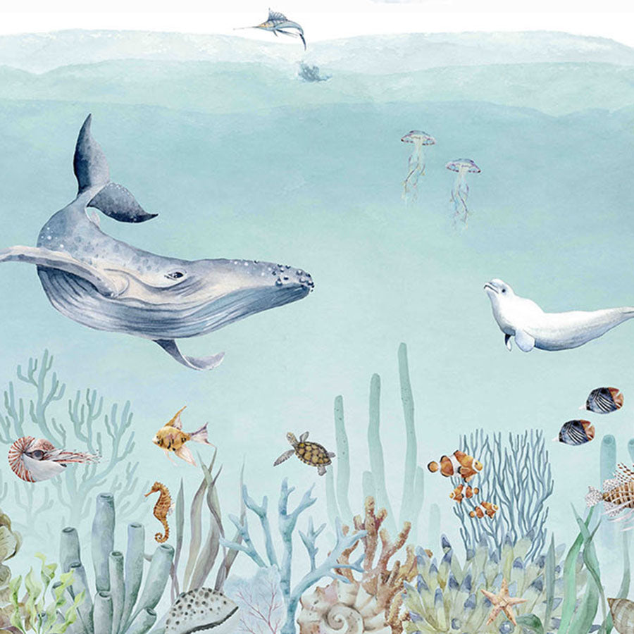 Close-up of the Secret Sealife wallpaper mural featuring whales, turtles, fish and coral