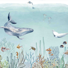 Close-up of the Secret Sealife wallpaper mural featuring whales, turtles, fish and coral
