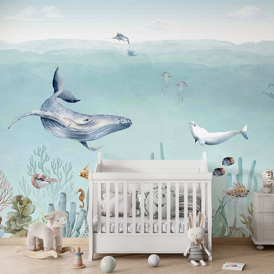 Secret Sealife wallpaper mural in a nursery cot