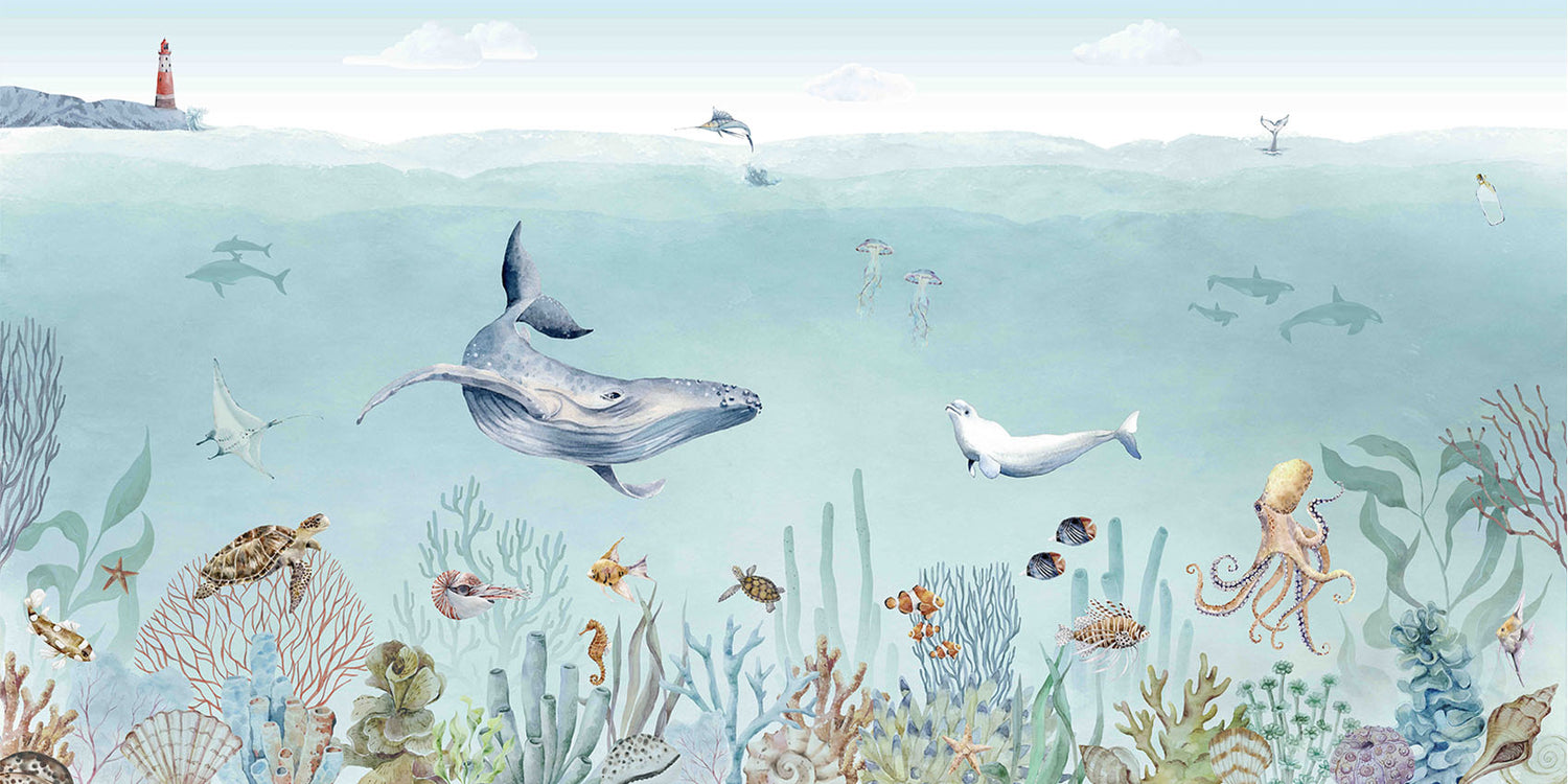Secret Sealife wallpaper mural by Kikki Belle featuring whales, turtles, fish and coral