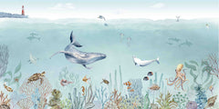 Secret Sealife wallpaper mural by Kikki Belle featuring whales, turtles, fish and coral
