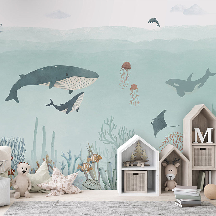 Sensational Sea – Blue wallpaper mural shown in a children's bedroom house shelves