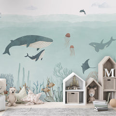 Sensational Sea – Blue wallpaper mural shown in a children's bedroom house shelves