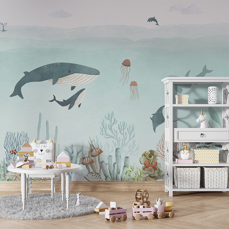 Sensational Sea – Blue wallpaper mural shown in a children's playroom table