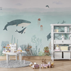 Sensational Sea – Blue wallpaper mural shown in a children's playroom table