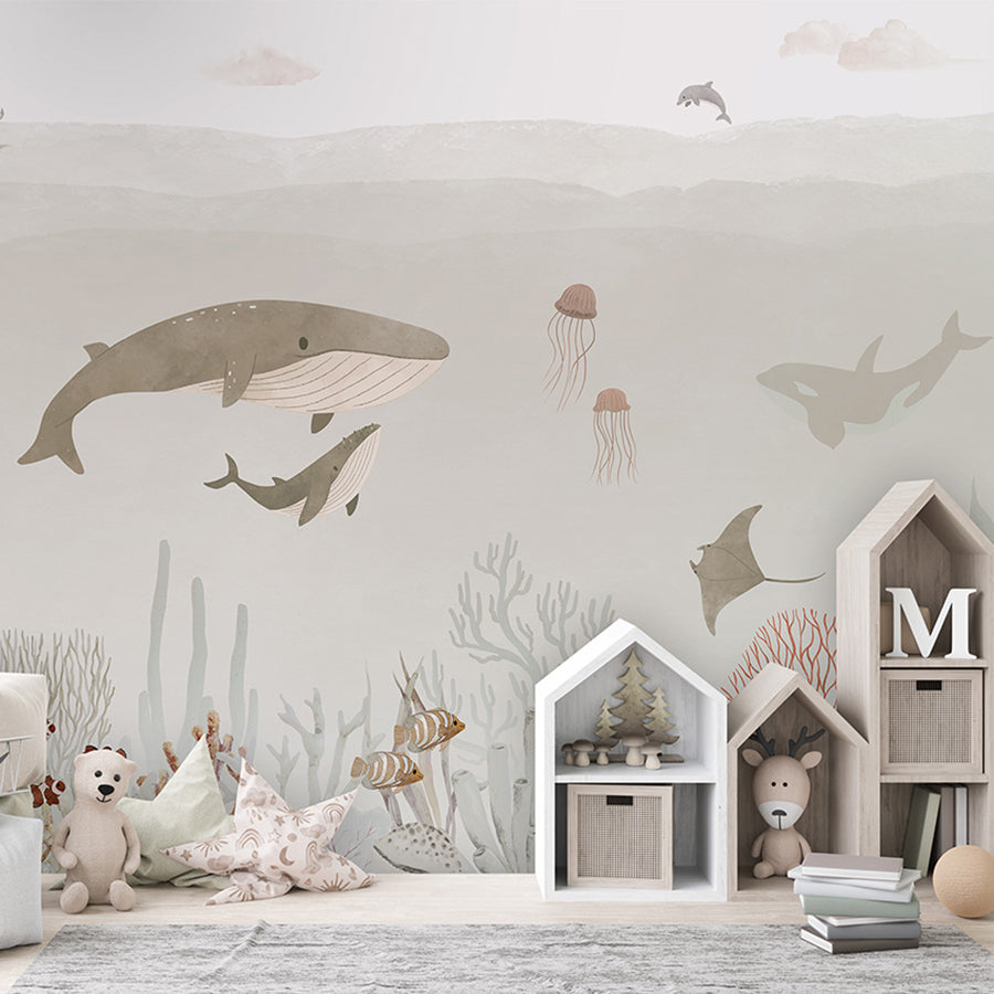 Sensational Sea – Brown wallpaper mural shown in a children's bedroom house shelves