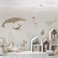 Sensational Sea – Brown wallpaper mural shown in a children's bedroom house shelves