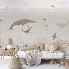 Sensational Sea – Brown wallpaper mural shown in a children's bedroom sofa