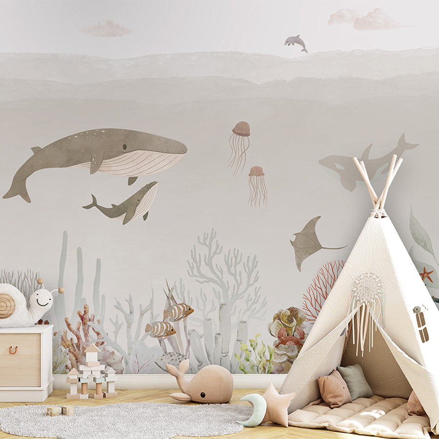 Sensational Sea – Brown wallpaper mural shown in a children's bedroom teepee