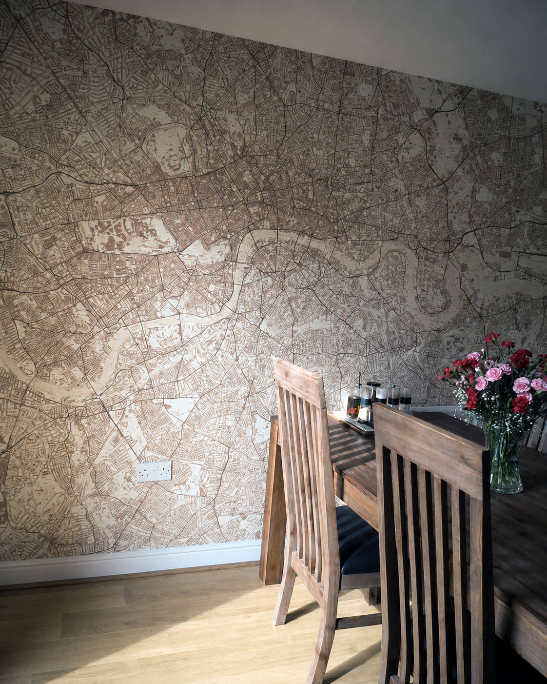 Sepia custom street map wallpaper mural in a home dining room