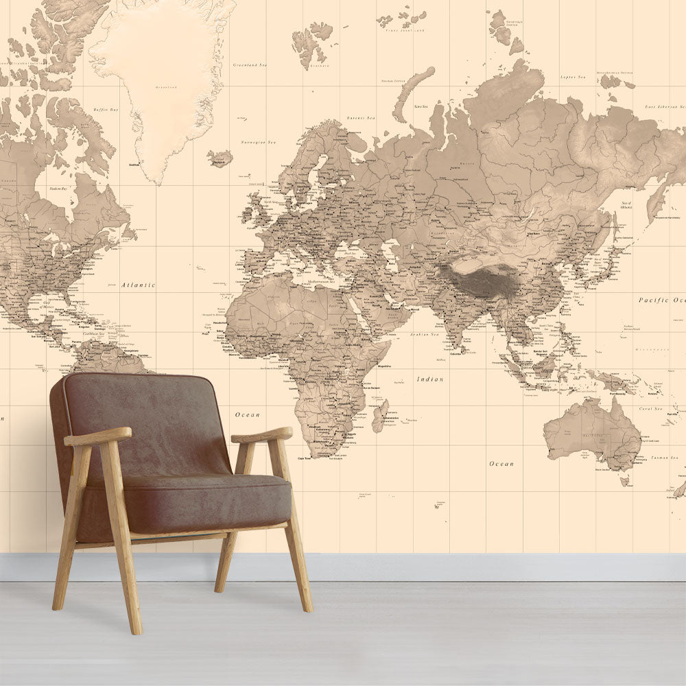 Sepia world map wallpaper in a room setting