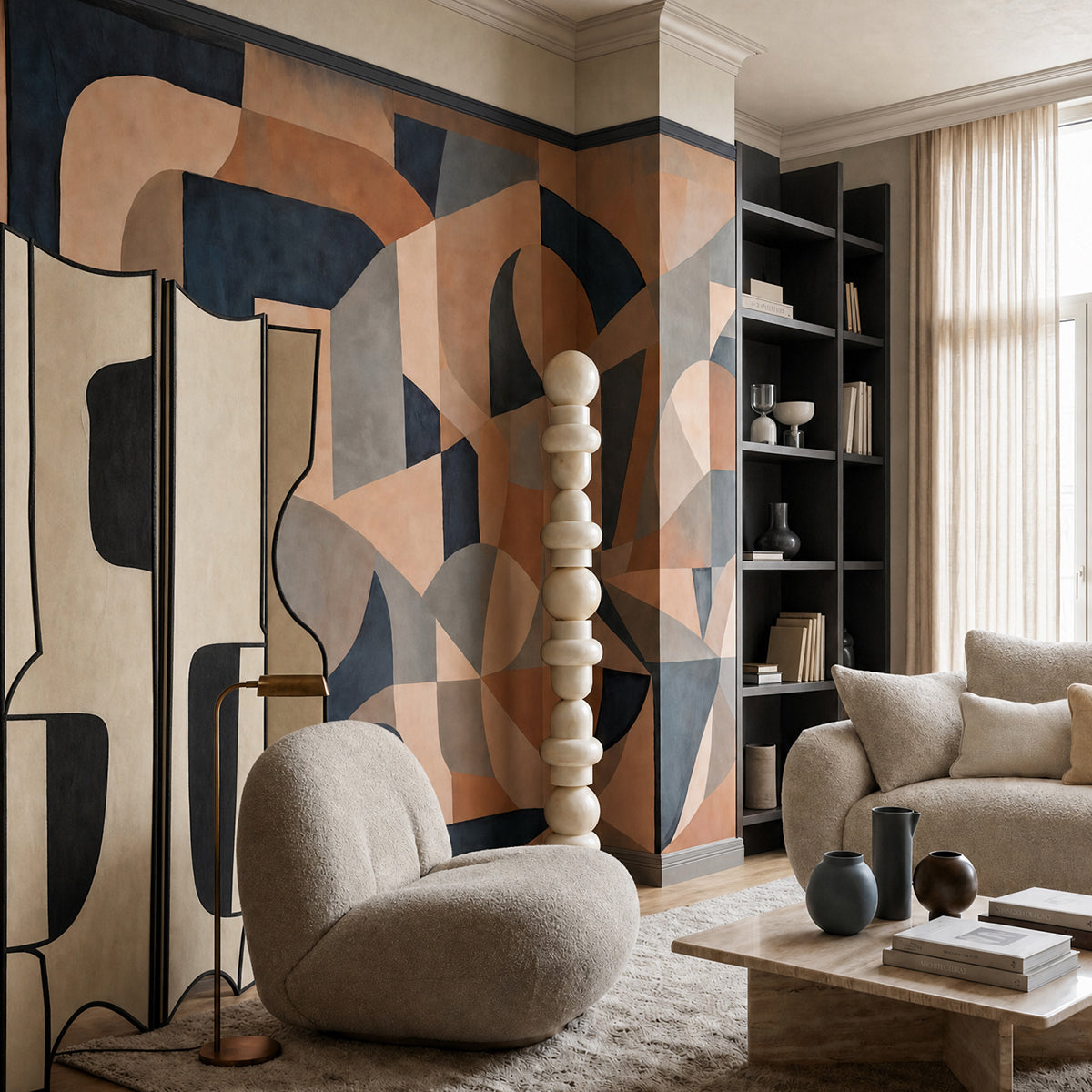 Silent Arch wallpaper mural shown in living room with cream armchairs