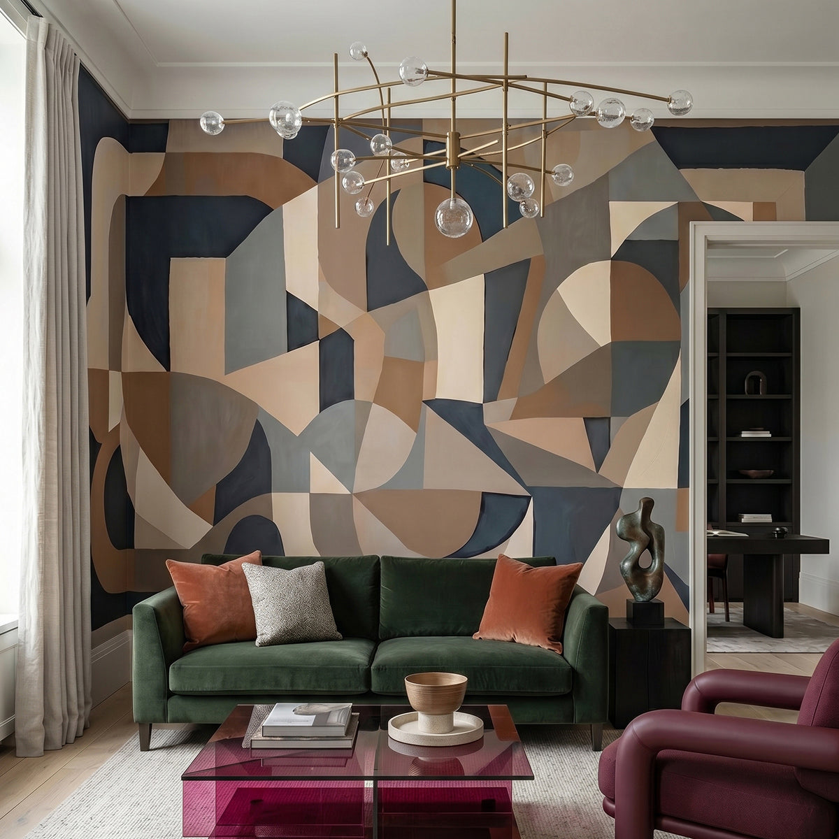 Silent Arch wallpaper mural shown in living room with green sofa and pink table