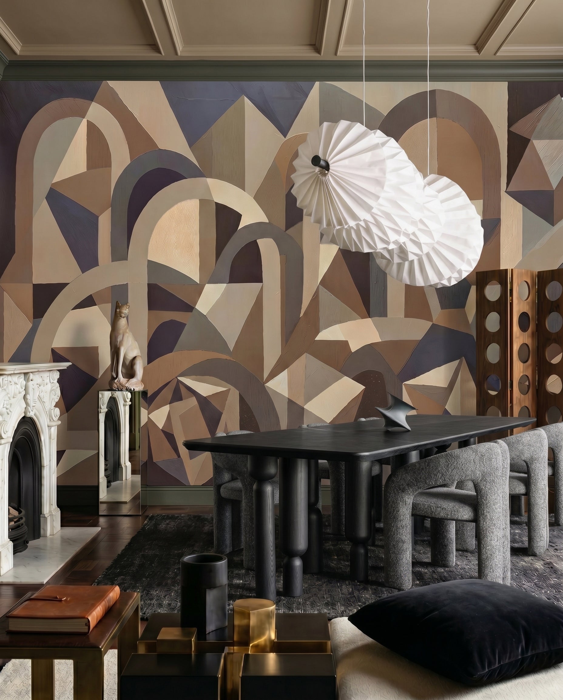 Silent Axis wallpaper mural shown in dining room with black table and wide
