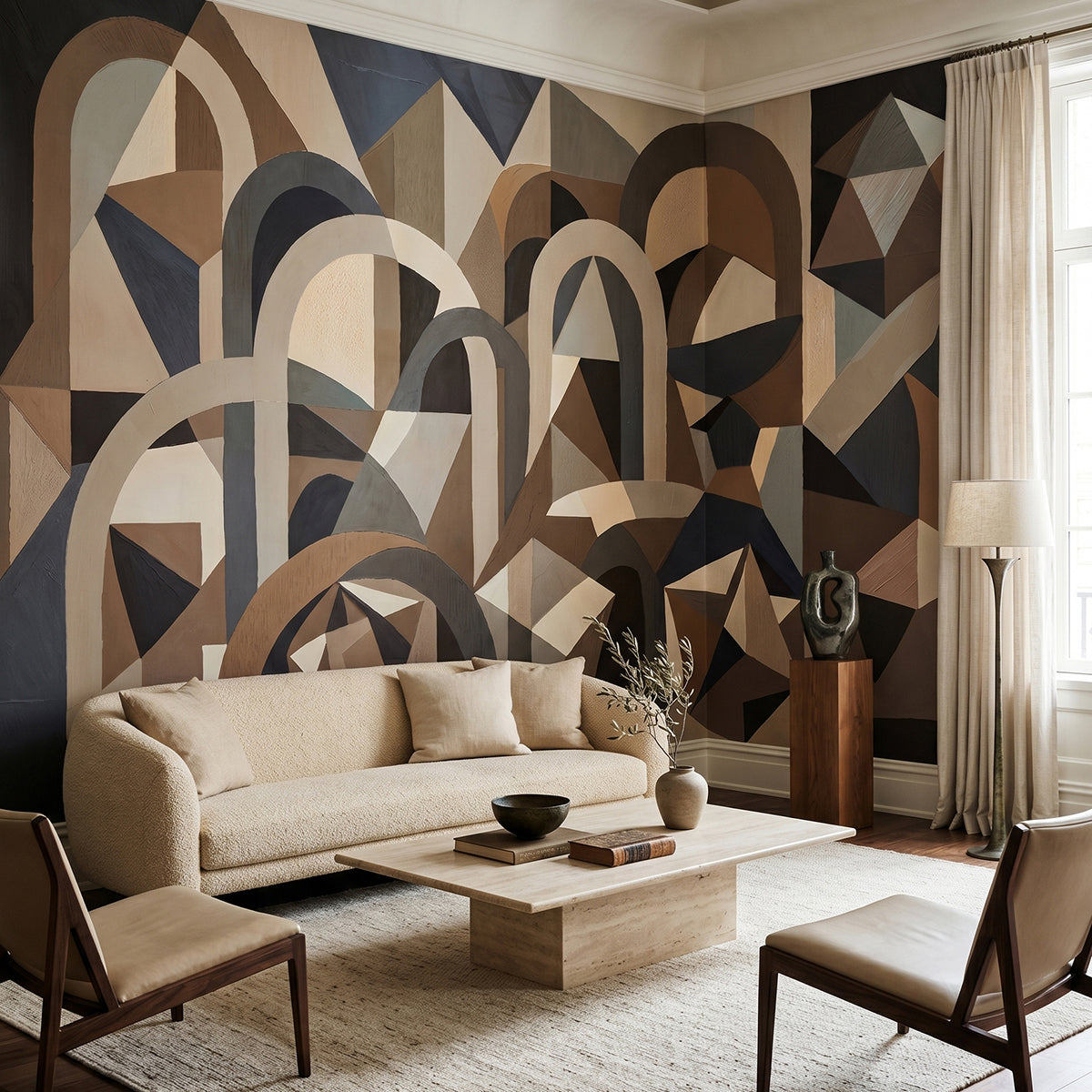Silent Axis wallpaper mural shown in living room with cream sofa