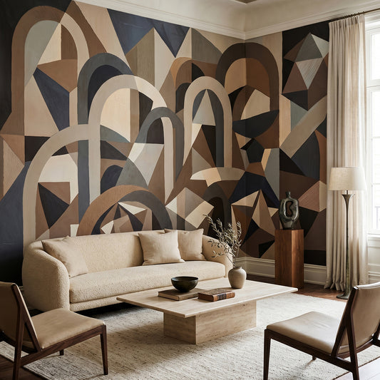 Silent Axis wallpaper mural shown in living room with cream sofa