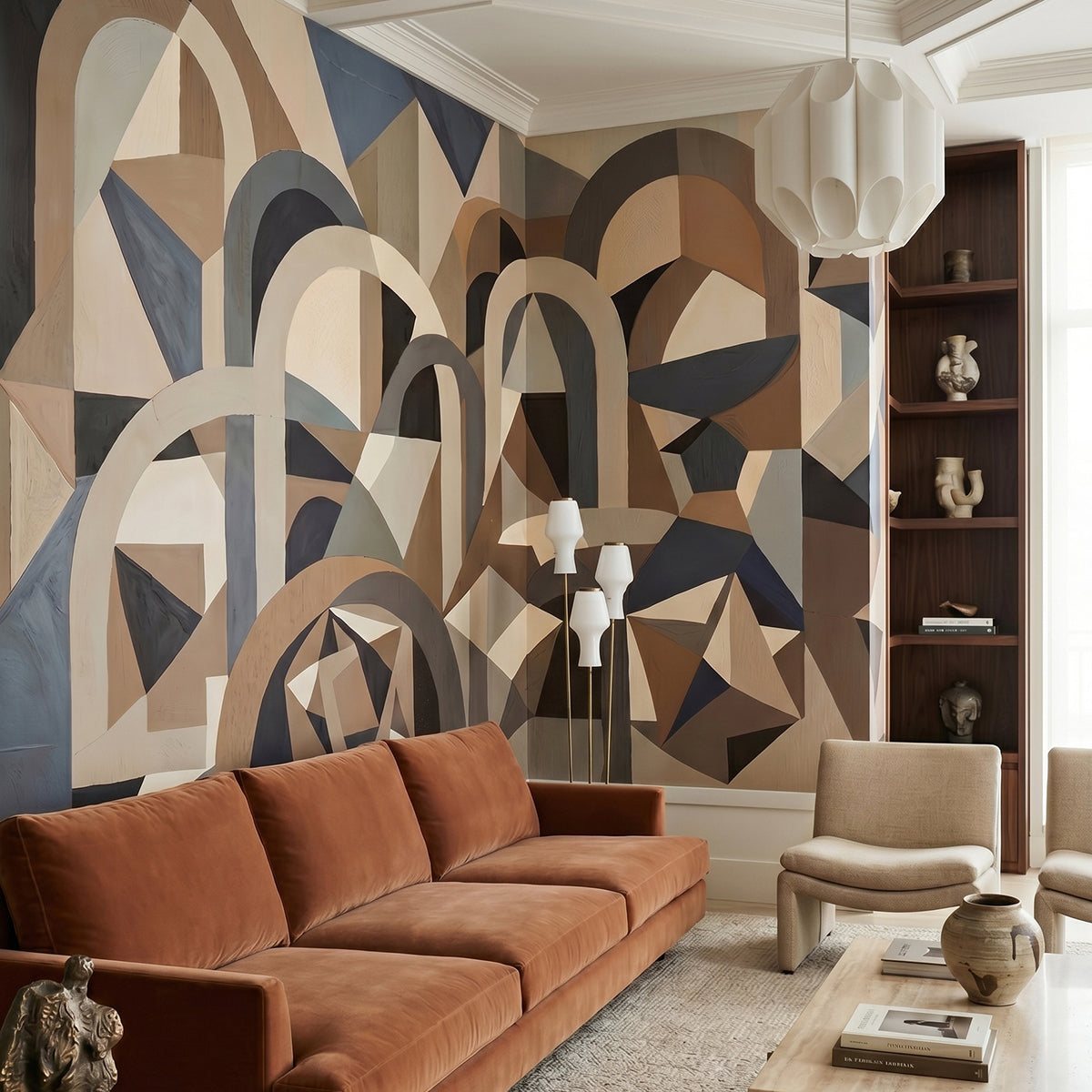 Silent Axis wallpaper mural shown in living room with rust sofa