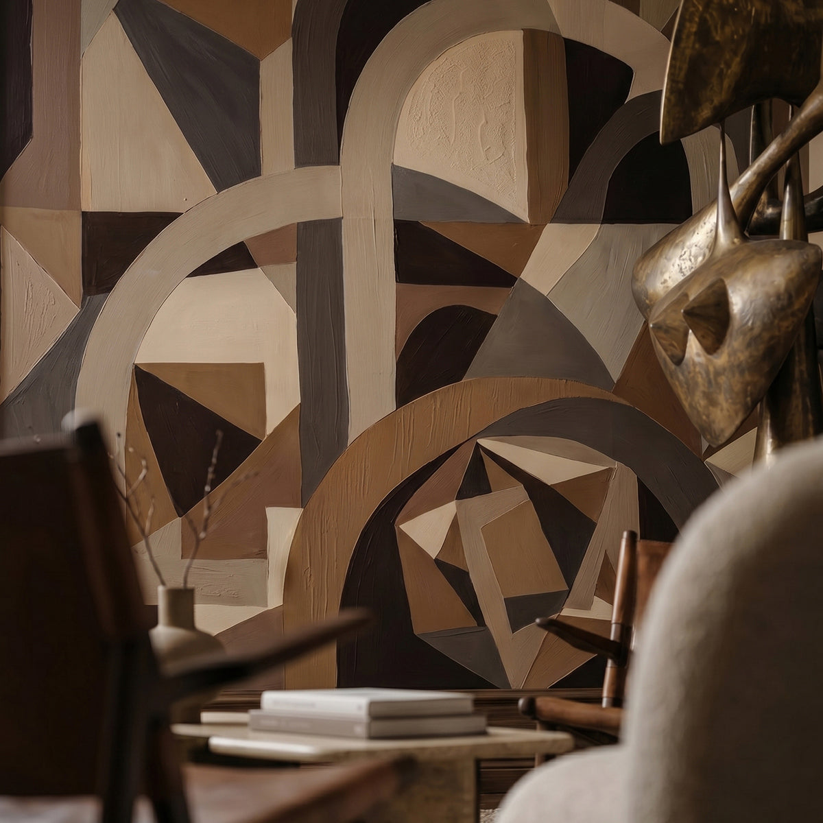 Silent Axis wallpaper mural shown in reading corner with dark chair