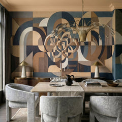 Silent Passage wallpaper mural shown in dining room with grey chairs