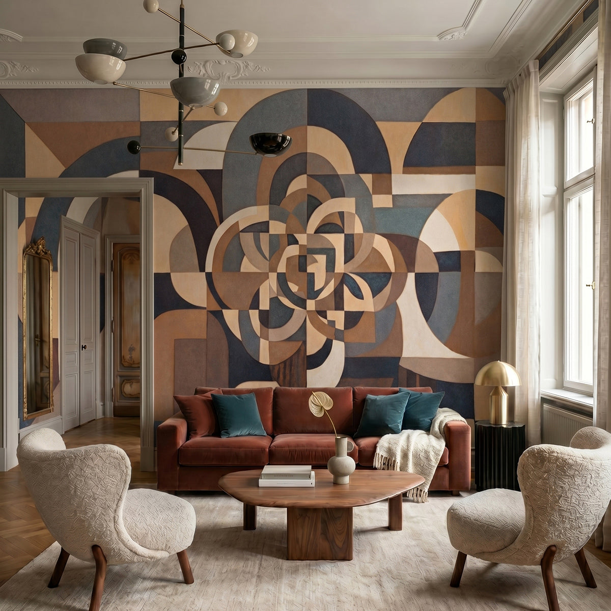 Silent Passage wallpaper mural shown in living room with rust sofa and boucle chairs