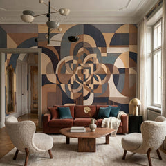 Silent Passage wallpaper mural shown in living room with rust sofa and boucle chairs