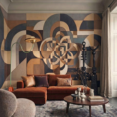 Silent Passage wallpaper mural shown in living room with rust sofa