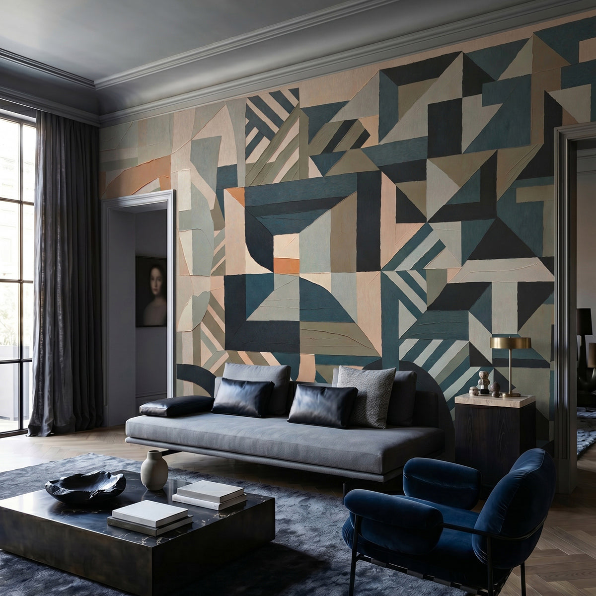 Silent Planes wallpaper mural shown in living room with grey sofa and blue chair