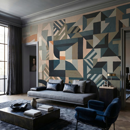 Silent Planes wallpaper mural shown in living room with grey sofa and blue chair