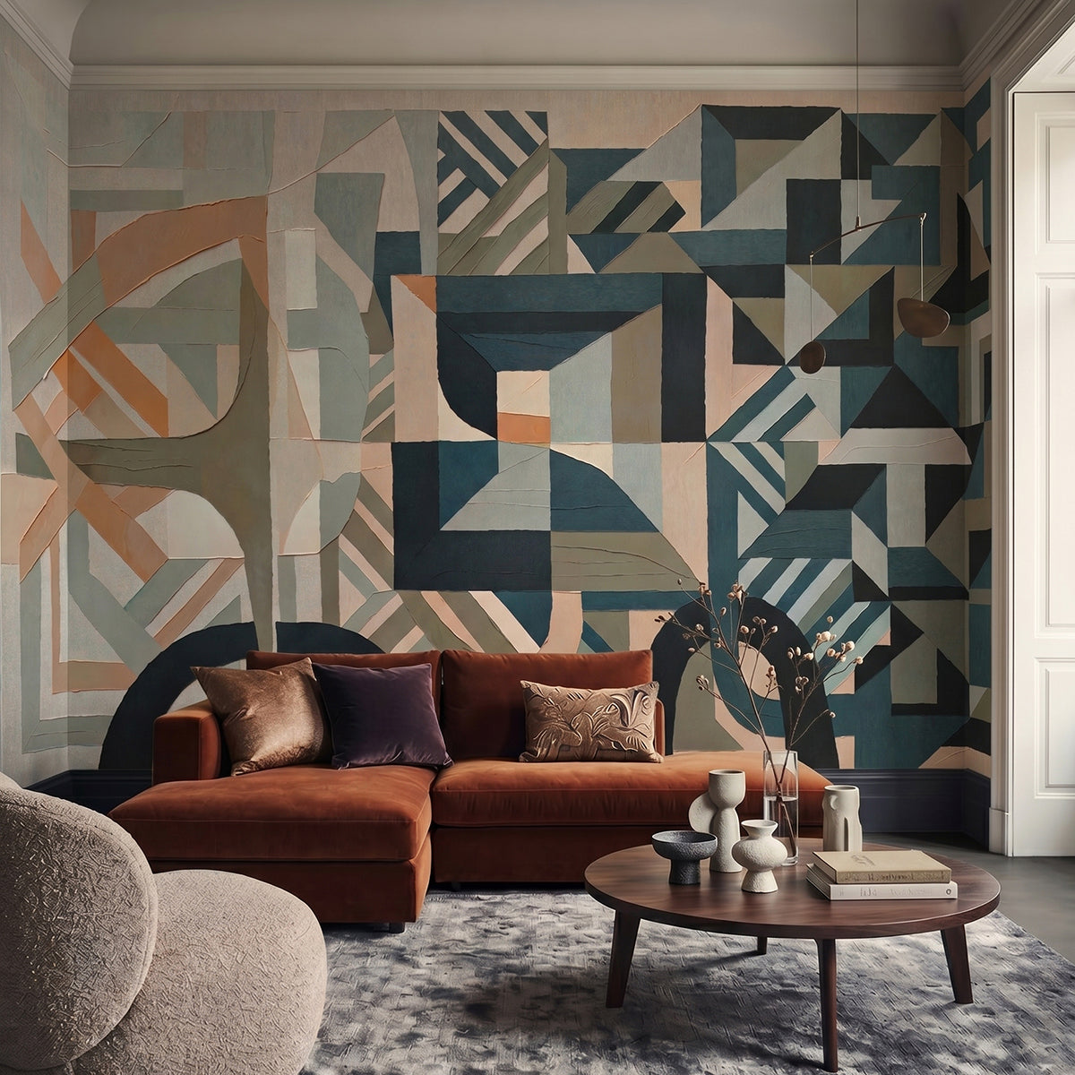 Silent Planes wallpaper mural shown in living room with rust sofa