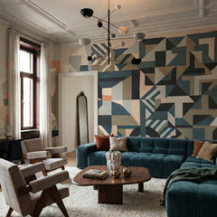 Silent Planes wallpaper mural shown in living room with teal sectional