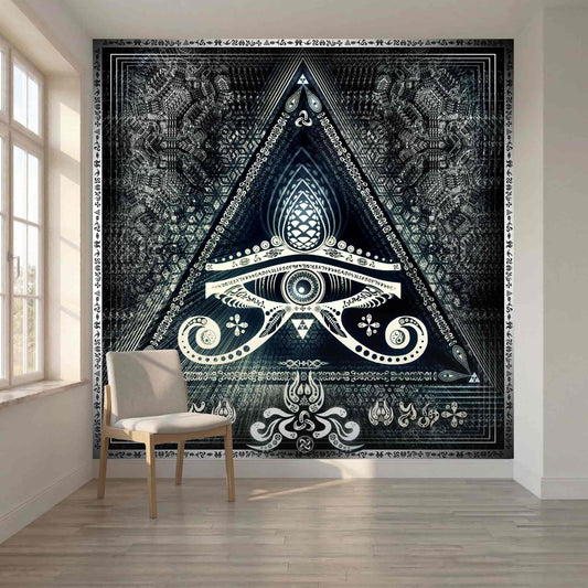 Singular Sight mystical eye wallpaper mural in a contemporary living room