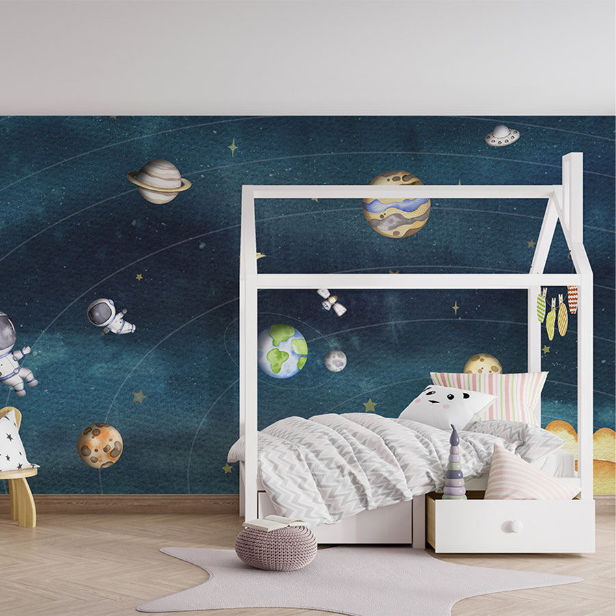 Space Joy – Dark wallpaper mural shown in a children's bedroom house bed