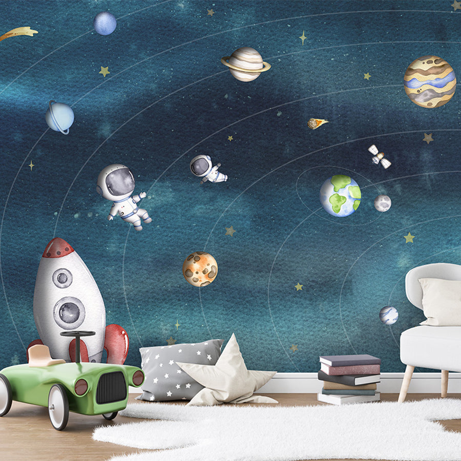 Space Joy – Dark wallpaper mural shown in a children's bedroom toy car