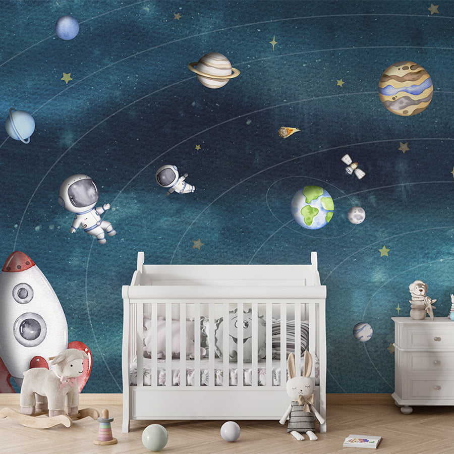 Space Joy – Dark wallpaper mural shown in a children's nursery crib