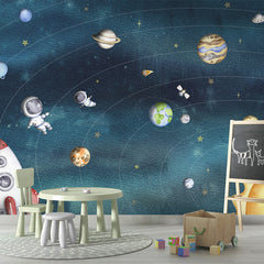 Space Joy – Dark wallpaper mural shown in a children's playroom chalkboard